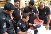 Colleagues from Bangladesh study the functions of the portable eddy current flaw detector Eddycon C