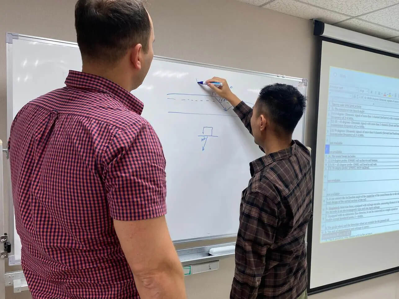 OKOndt GROUP specialist explaining ultrasonic beam angles and inspection zones to a Po Quan specialist, Taiwan, Oct 2025