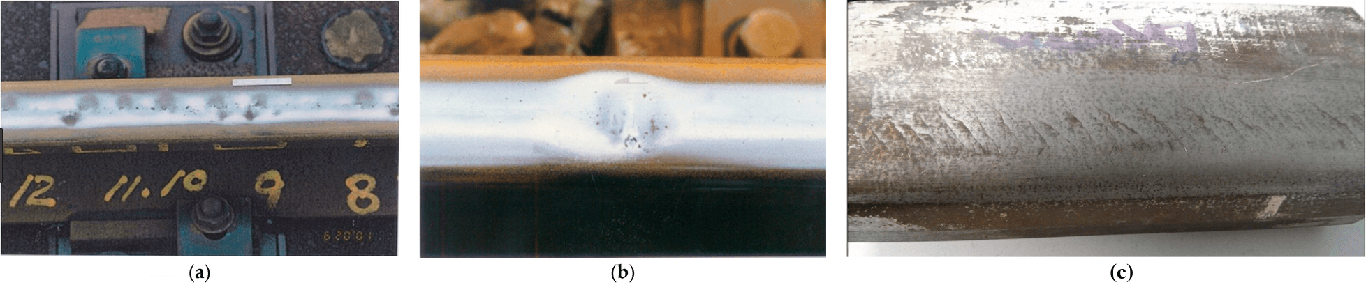 Multiple squat defects on the rail, Squat type defect on the rail, Head checking type defects on the rail