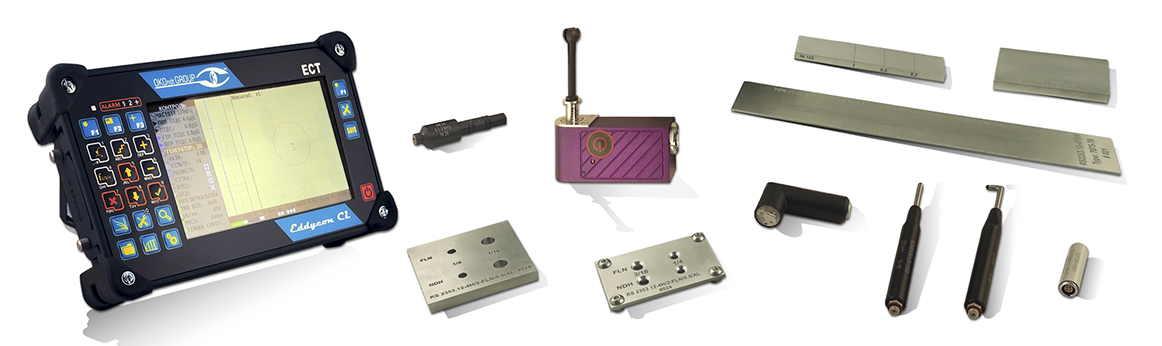 Eddy current testing kit for aircraft: Eddycon CL flaw detector, rotating bolthole scanner, probes, and calibration blocks by OKOndt GROUP