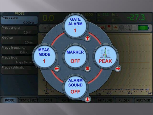 Quick Access Menu of the portable ultrasonic flaw detector Sonocon B, version «Thickness Gauge +»