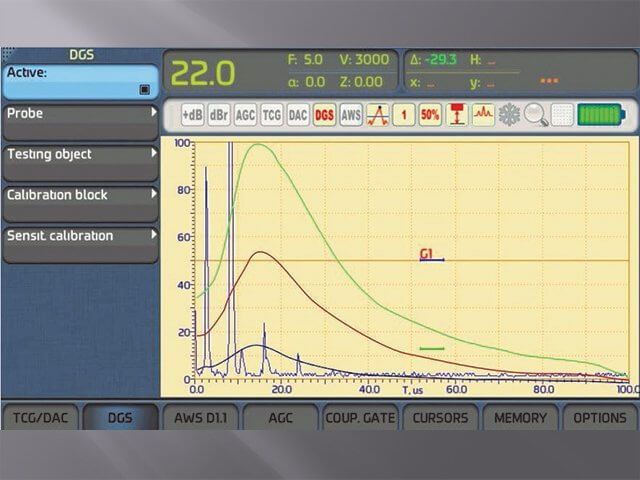 DGS (AVG) system of the portable ultrasonic flaw detector Sonocon B, version «Thickness Gauge +»