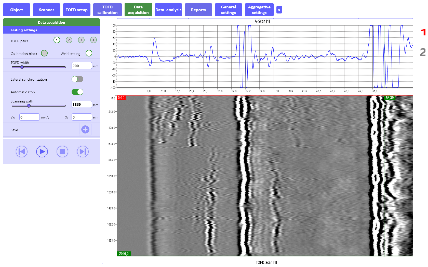 «Data acquisition» tab of the wireless system TOFD 2.2 PRO