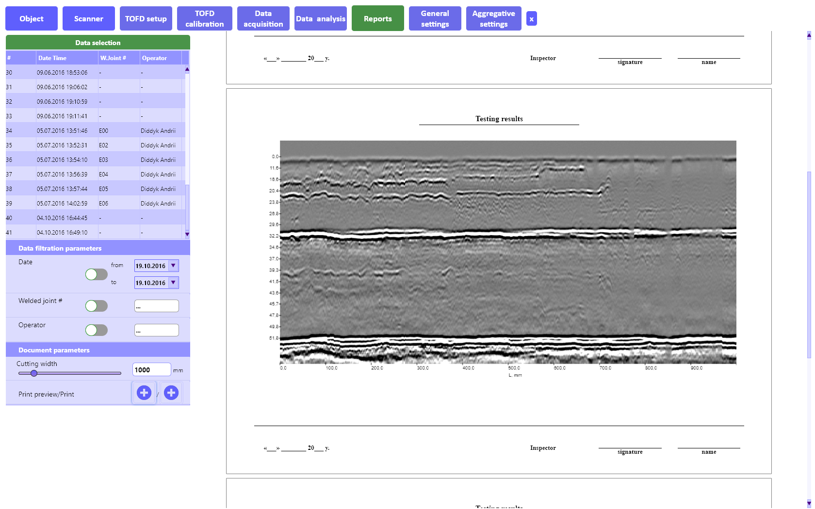 «Reports» tab of the wireless system TOFD 2.2 PRO