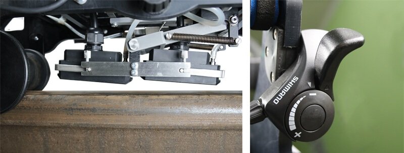 Transport position (lever up) of the ultrasonic mechanized flaw detector for inspection of one rail line UDS2-77